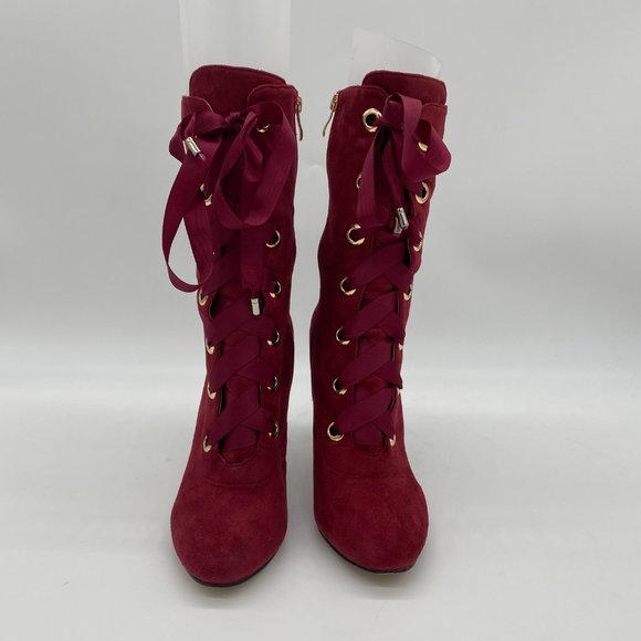 Red Round Toe Lace Up Boot Zip Stiletto Heel Boot - Picture 3 of 9